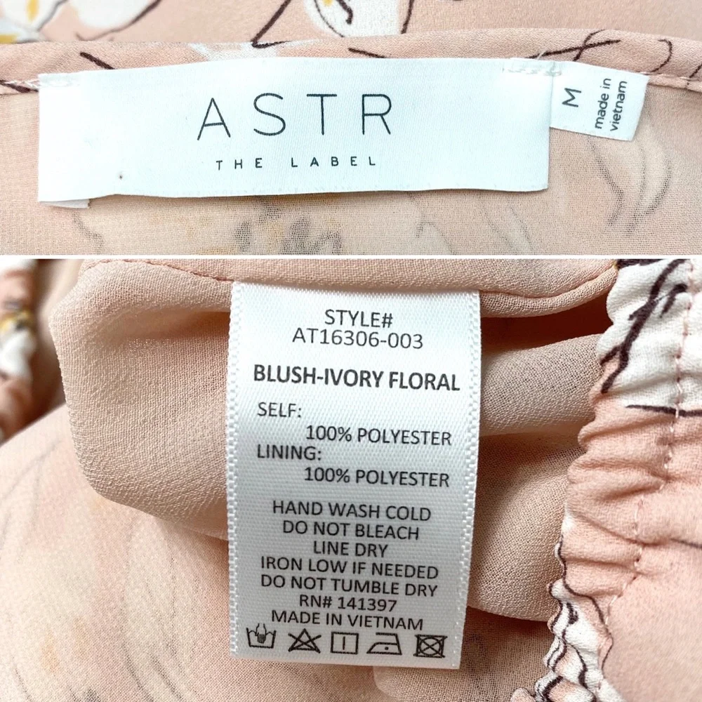 astr | ruffled button-front floral v-neck blouse blush pink m